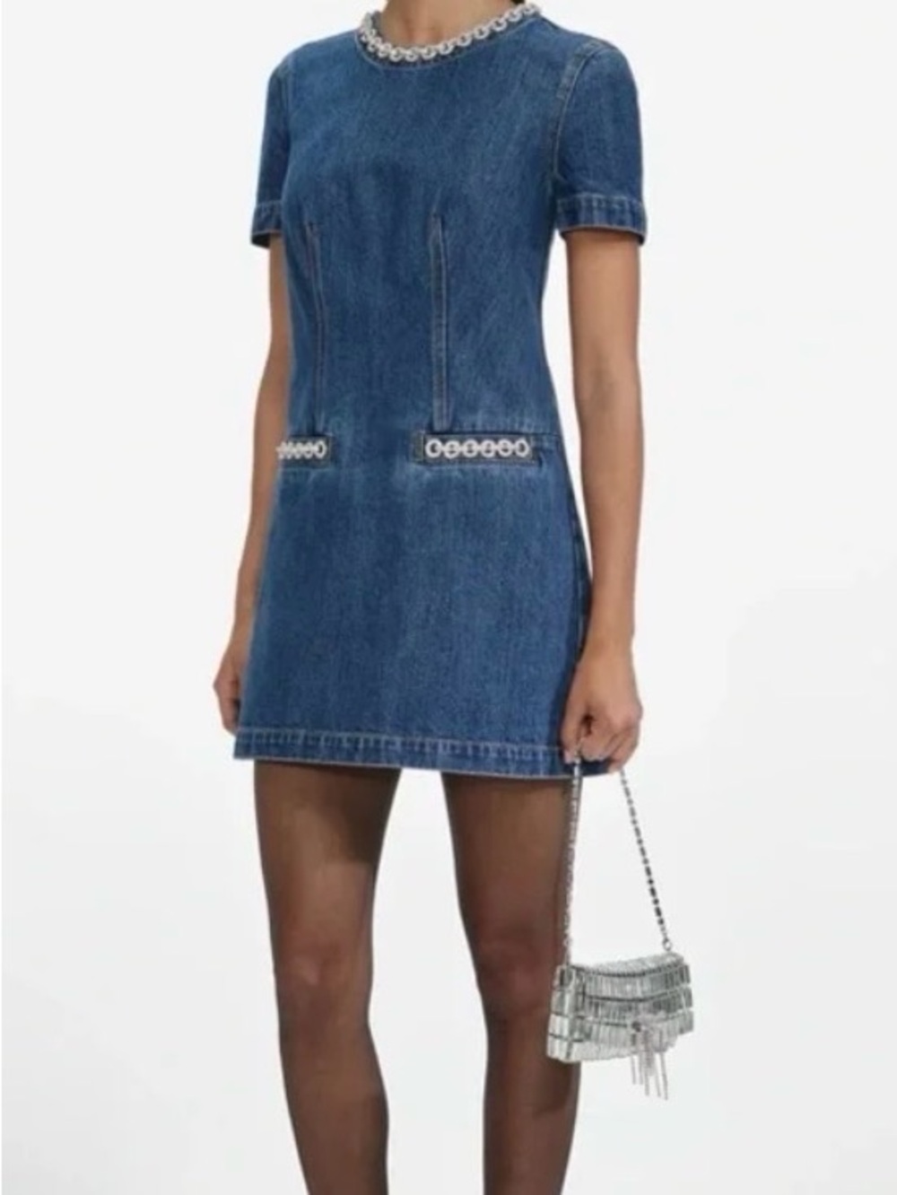 Self-Portrait Blue Denim Short Sleeve Mini Dress with Crystal Trim